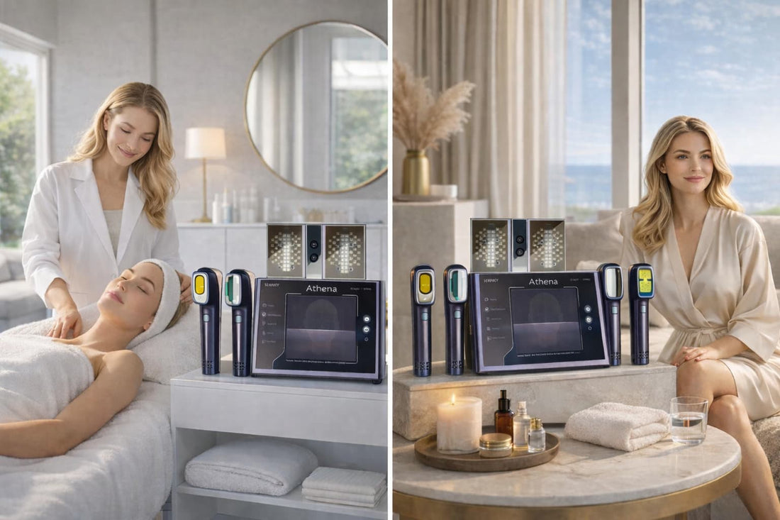 Elegant woman performing a luxurious at-home spa skincare routine with premium beauty products on a marble vanity