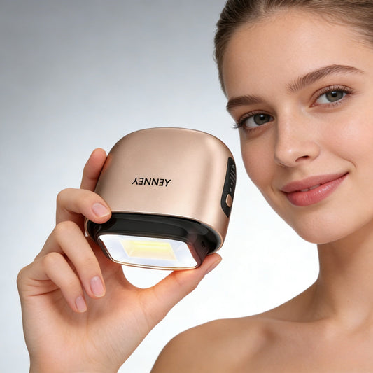 Woman receiving NIR near-infrared light therapy facial treatment at home with warm amber light